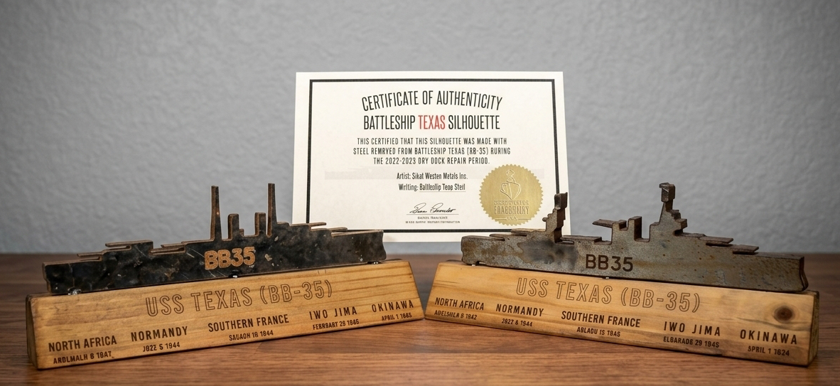 Two battleship silhouettes cut from salvaged steel, stamped BB35, mounted on engraved wood bases listing the ship's WWII campaigns, with a certificate of authenticity behind them.